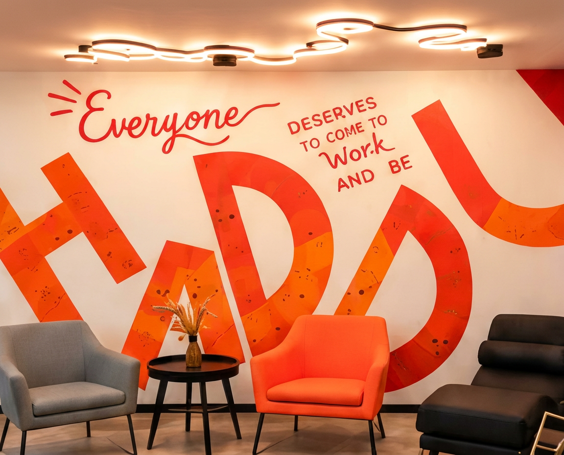 Fresque typographique orange dans un espace de travail