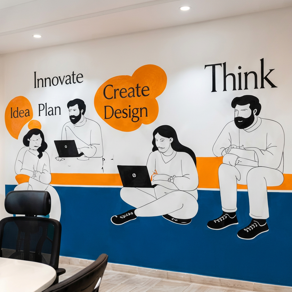 Fresque au trait bleu et orange pour un espace créatif