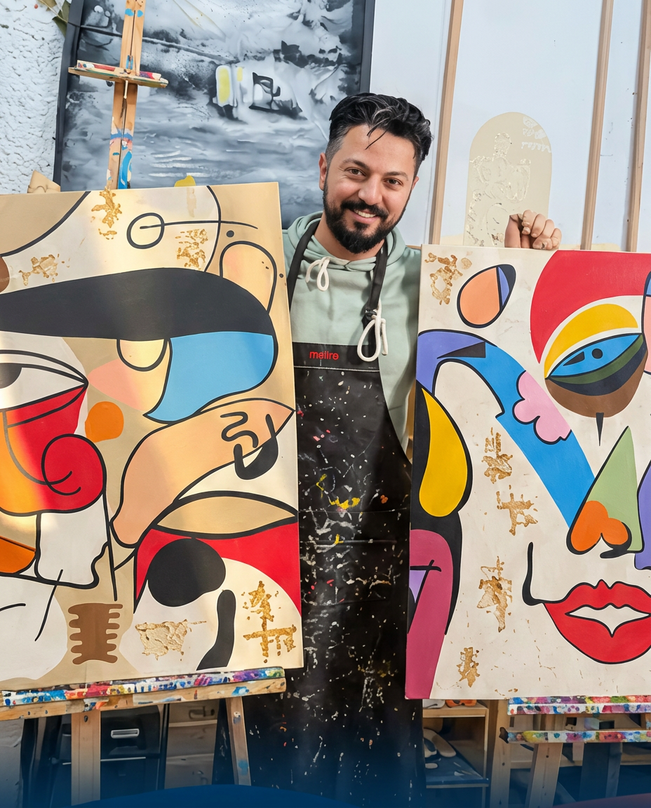 Mouadh Ben Nasr dans son atelier avec ses toiles